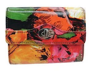 Safe Keeper Tri-fold Faux Wallet Pink Green Yellow Floral Details Black Interior thumbnail 1