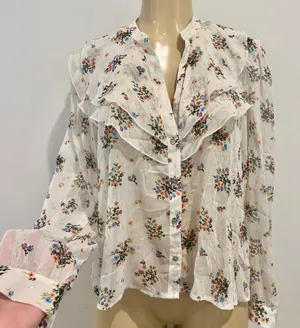Zara Floral Chiffon Blouse Sz L Sheer Long Sleeves Top Ruffle thumbnail 1