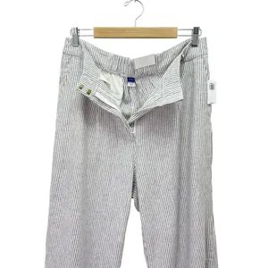 NWT Old Navy Linen Wide Leg Trouser Pants Gray Ivory Stripe High Rise Size Large thumbnail 6