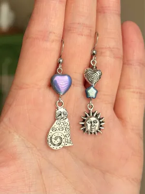 Handmade boho whimsy celestial cat quality Czech glass beads dangle earrings💜🐈 thumbnail 3