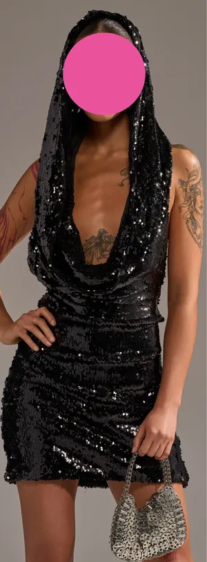 Akira NWT Cool Girl" Hood runway black Sequin Deep V Halter backless dress L thumbnail 7