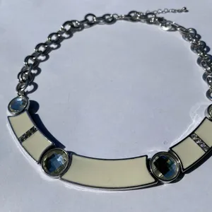 🤍 Y2K 2000s White Enamel Panel Clear Faceted Rhinestones Silver Tone Metal Double Cable Chain Necklace 🤍 thumbnail 2