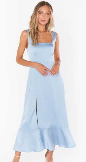 Show Me Your Mumu Claire Midi Dress in Steel Blue Luxe Satin thumbnail 1