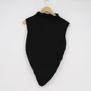 Black Mock Neck Sleeveless Asymmetrical Ruched Hem Top Minimalist Modern thumbnail 2
