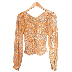 NWT Free People Say The Word Tee XS Blood Orange Floral Ruched Long Sleeve Top thumbnail 3