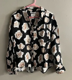 Nicole Miller Women’s 100% Linen Shirt Black & White Shell Print Button-Up L thumbnail 1