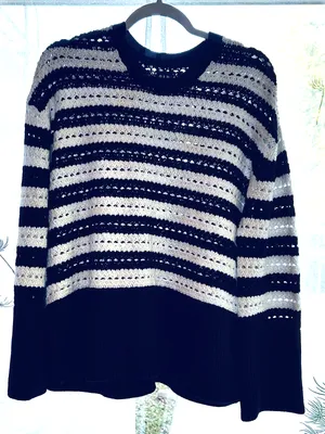 GAP Crochet Sweater Y2K Women Size M White/Navy Split-Hem Oversized Boho thumbnail 1