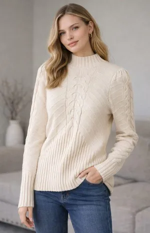 Marled Cream Cable Knit Mock Neck Sweater M Cozy Chunky Ribbed Winter Pullover thumbnail 1
