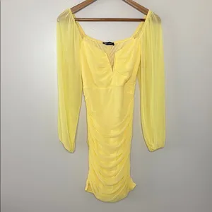 Pretty garden butter yellow mini‎ dress long sheer sleeves ruched body Size S thumbnail 2