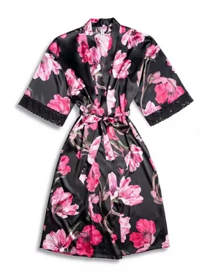 NWT Women's Lilac + London Floral Print Pink and Black Midi Wrap Robe L thumbnail 4