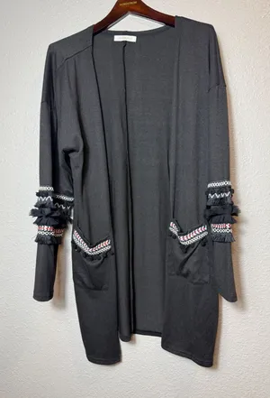 Hipster Row Embellished Duster Cardigan Black Open Front Fringe Sleeves SizeXL thumbnail 1