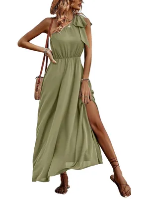 NEW Olive Green One Shoulder Maxi Dress S thumbnail 1