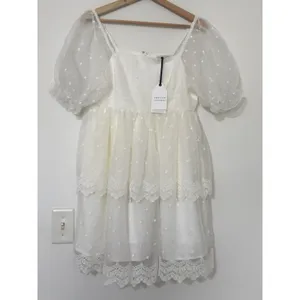 English Factory White Polka Dot Tulle Mini Dress M Cottagecore Puff Sleeve NWT thumbnail 7