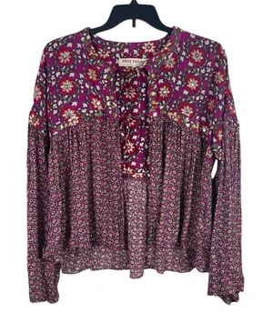 Free People Boho Floral Peasant Top M Purple Red Tie Up Studded Beaded Rayon thumbnail 1