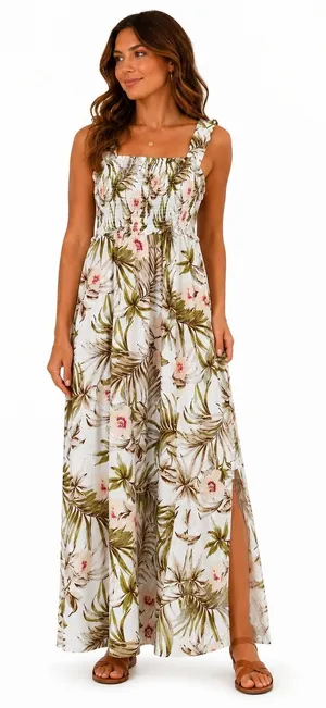 Love Tree Tropical Floral Maxi Dress White Palm Leaf Smocked Boho Size L thumbnail 1
