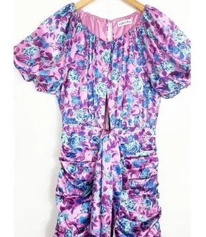 For Love & Lemons Tahiti Ruched Mini Dress Small Purple Floral Satin Cottagecore thumbnail 10