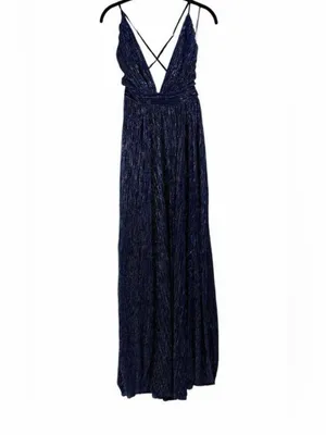 Luxxel Lulus Magical Looks Sparkly Maxi Dress Navy Blue Deep V-Neck Metallic Gown NWT S thumbnail 6