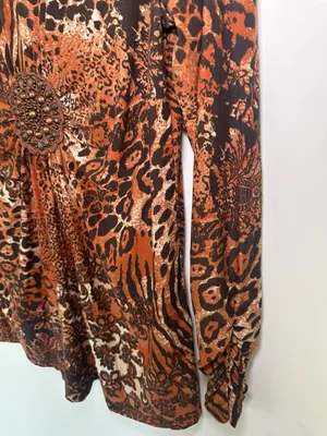 Rafaella V-Neck Blouse Size M Brown Animal Print Beaded Center thumbnail 6