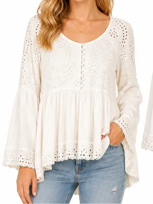 Free People White Eyelet Embroidered Peplum Tunic Blouse Size S Boho thumbnail 1