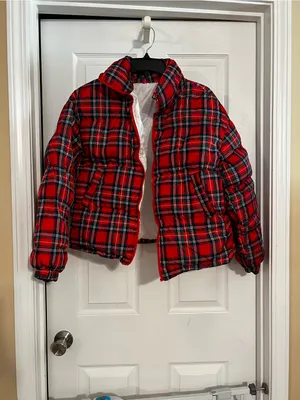 Red Plaid Puffer Jacket for Women, Quilted Zip-Up Coat thumbnail 2