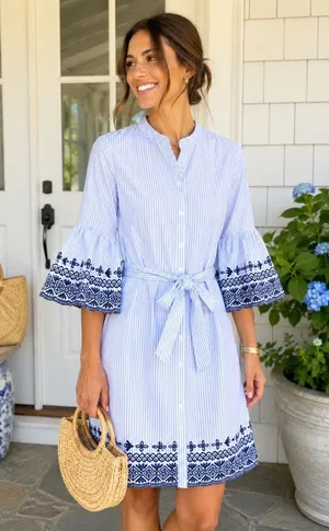 Cremieux Womens SZ 0 Blue White Striped Embroidered Bell Sleeve Tie Waist Dress thumbnail 1