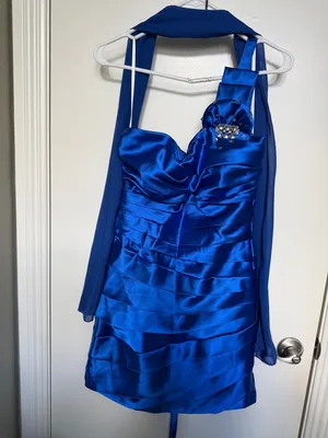One-Shoulder Royal Blue Satin Party Dress with Embellishment thumbnail 3