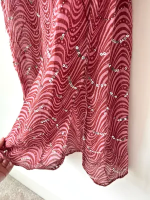 Zara Pink Sequins Beaded Swirl Printed Midi Dress Sheer Deep V Neck Tie Front thumbnail 12