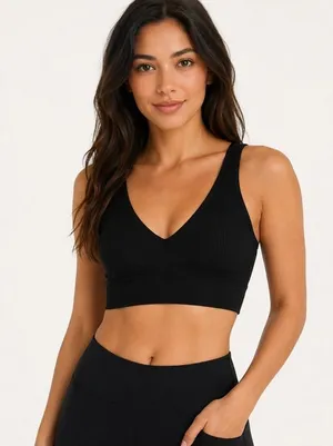 Pro-Fit Seamless Ribbed V-Neck Bralette - Black & Gray Large thumbnail 1