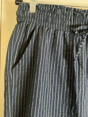 Women’s Blue & White Striped Linen Blend Wide Leg Pants Drawstring Lounge Size L thumbnail 5
