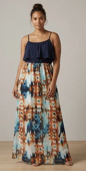 Sweet Storm Dress Women Size Small Sleeveless Orange Black Maxi Gauzy Ruffle thumbnail 1