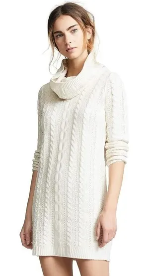 BB Dakota Alaska‎ Womens L Cable Knit Cowl Neck Sweater Dress Ivory Cream thumbnail 1