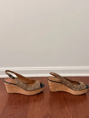 Coach Tan Signature Canvas Peep-Toe Slingback Heels with Black Toe thumbnail 3