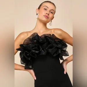Lulus Evening Excellence Black Ruffled Strapless Mermaid Maxi Dress size XS NWT thumbnail 3