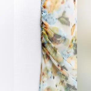 Zara Tulle Mesh Ruched Midi Abstract Colorful Watercolor Dress Small thumbnail 2