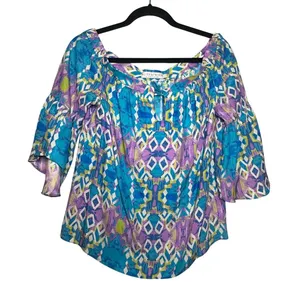 Alice & Trixie Silk Blouse Blue Purple Geometric Bell Sleeve Top Womens L thumbnail 1