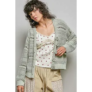 POL Open-Knit Floral‎ Button Cardigan - Large thumbnail 2