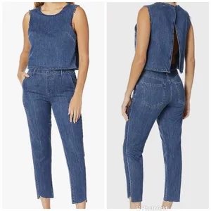 ELLA MOSS Denim Sleeveless Jumpsuit Size 27 Blue Jean Open Back Tapered‎ Raw Hem thumbnail 4