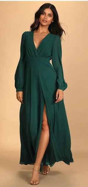 NWOT Lulus Adoring You Chiffon Long Sleeve Maxi Dress Gown Hunter Green Medium thumbnail 1