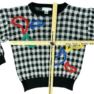 Vintage Black White Check Wide Stitch Rainbow Detail Crew Neck Sweater size S thumbnail 5