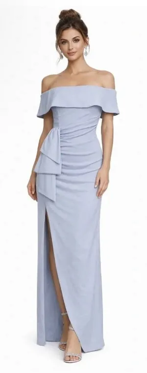 Xscape Evenings Ruched Off the Shoulder Crepe Gown Sky Blue Size 16 Formal thumbnail 1