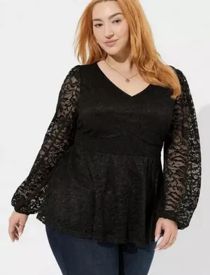 Torrid Black Stretch Lace Smocked Long Sleeve Babydoll Top Size 3X Goth Casual‎ thumbnail 1