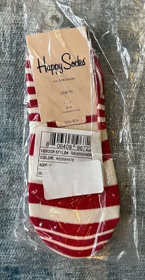 NWT! Happy Socks Red White Stripe Liner Socks Women's Shoe Size 5.5 - 9.5 thumbnail 1