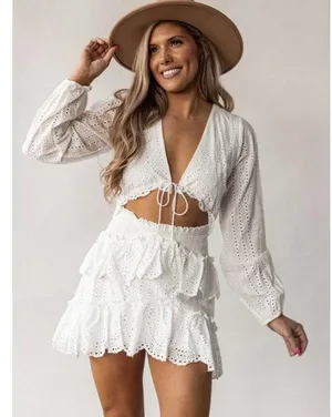 Mable White Eyelet Ruffle Mini Dress White Size Medium Boho Western Bachelorette thumbnail 1