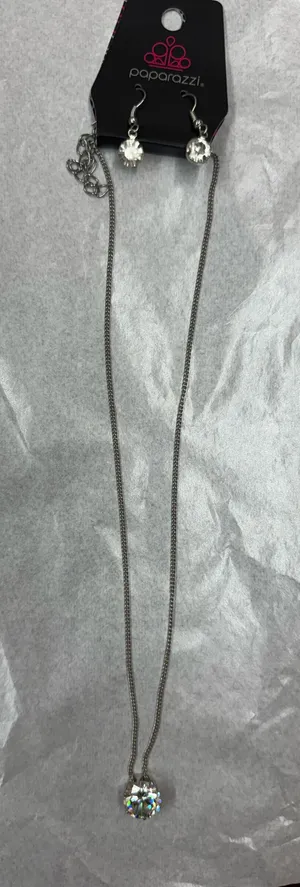 NWT Paparazzi Clear Cubic Zirconia Earrings and Necklace in Silver thumbnail 1