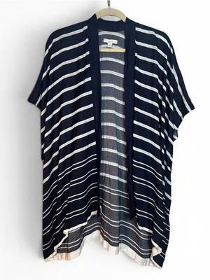 LOFT Kimono Nautical Navy and White Striped Open-Front Cardigan thumbnail 2