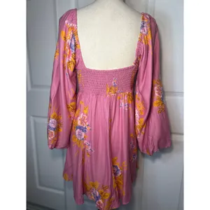 NWT Free People Francesca Pink Floral Long Sleeve Smocked‎ Back Mini Dress Small thumbnail 3