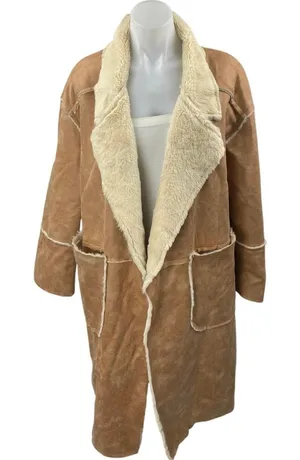 HYFVE Brown Suede Leather Faux Shearling Open Front Trench Overcoat Jacket Sz M thumbnail 1