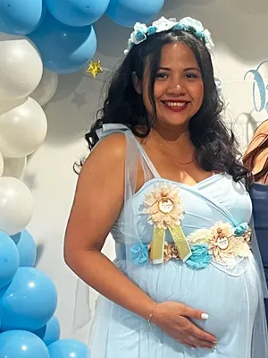 Floral Maternity Sash Belt and brooch in Blue, Cream & Tan thumbnail 9