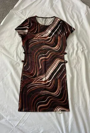 Vintage Y2K Brown Techno Wave Strappy Dress Coverup Size Medium thumbnail 1