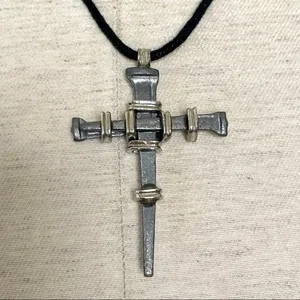 Hematite nail stake cross on cord Gray thumbnail 2